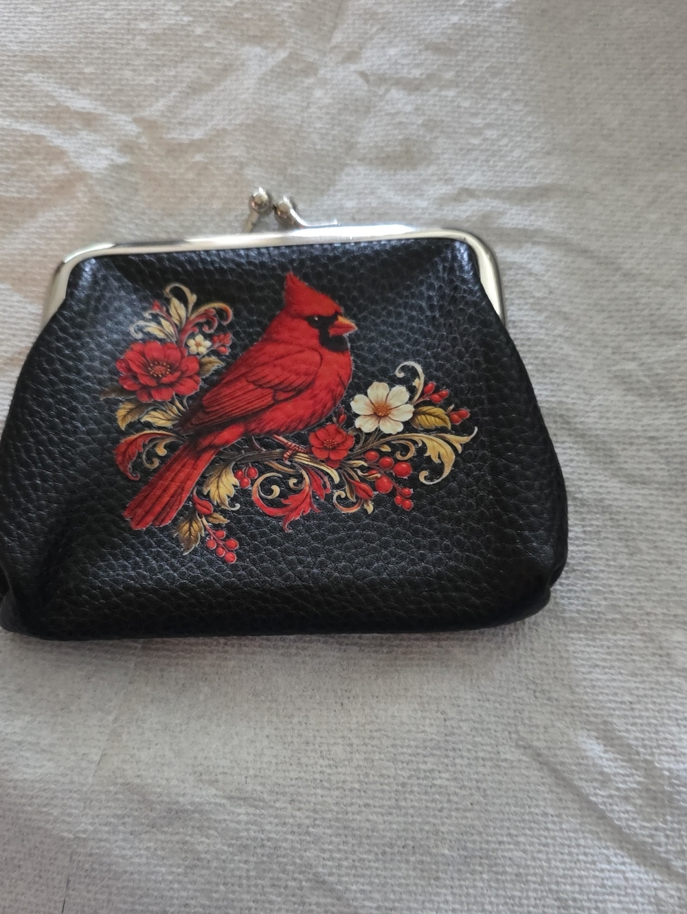 Black Coin Purse with Red Cardinal Floral Design